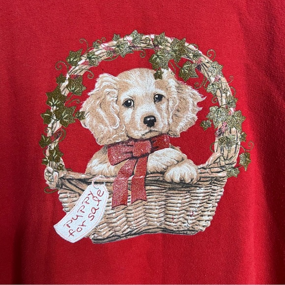 Vintage 90s Y2k Cottagecore Puppy Christmas Red Sweatshirt - Picture 4 of 5